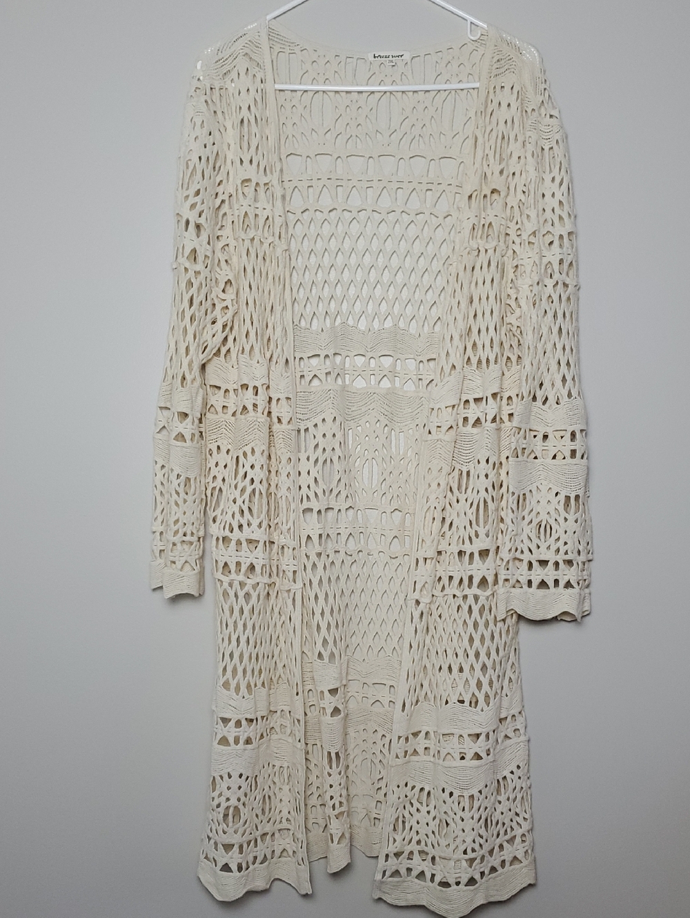 Breeze Ever Open-Weave Long Crochet Cardigan - Cream Sz 2XL Beach Summer Boho